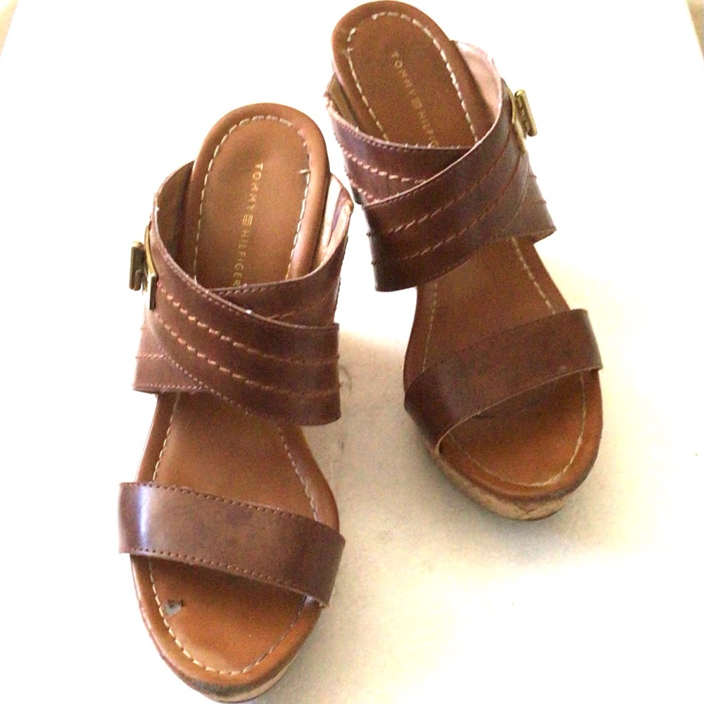 Tommy Hilfiger Mili2 High Heel Cork Wedge Sandals in Medium Brown, Sz 8M